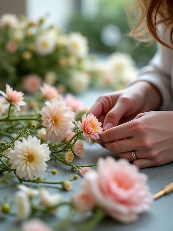 Close-up of a floral designer's hands carefully arranging delicate flowers, focusing on the intricate details and artistry.