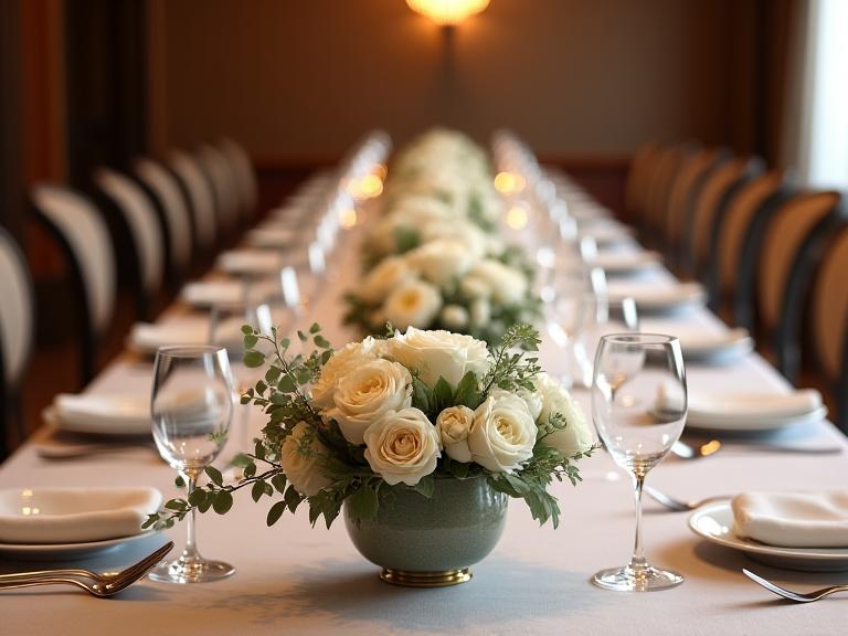 Elegant, low centerpieces featuring subtle ivory roses and eucalyptus on a long dining table, set for a sophisticated corporate dinner.