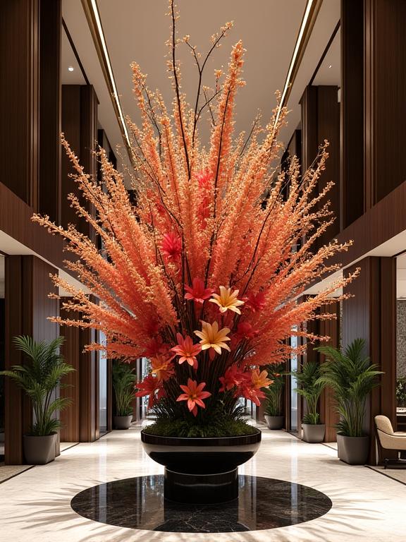 A grand, sculptural floral arrangement dominating a luxurious hotel lobby, featuring tall, dramatic branches and exotic blooms.