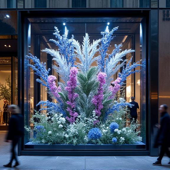 A stunning, contemporary floral installation transforming a luxury shop window into an art piece, drawing passersby with its beauty.