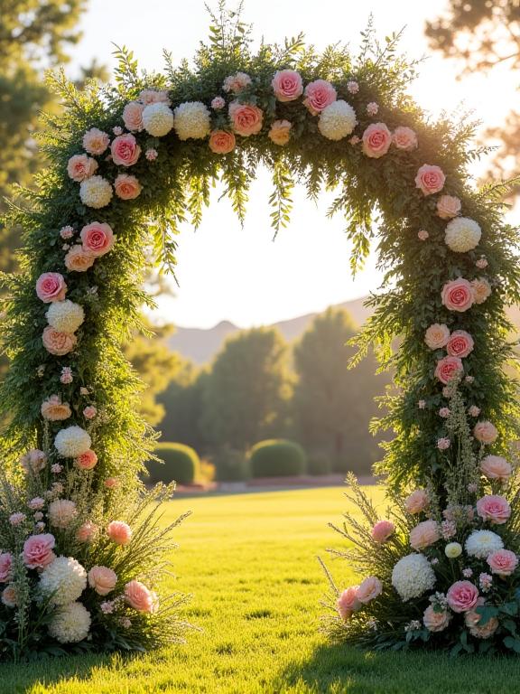 A lush floral arch elegantly adorned with summer blooms and trailing greenery, framing a wedding ceremony altar.
