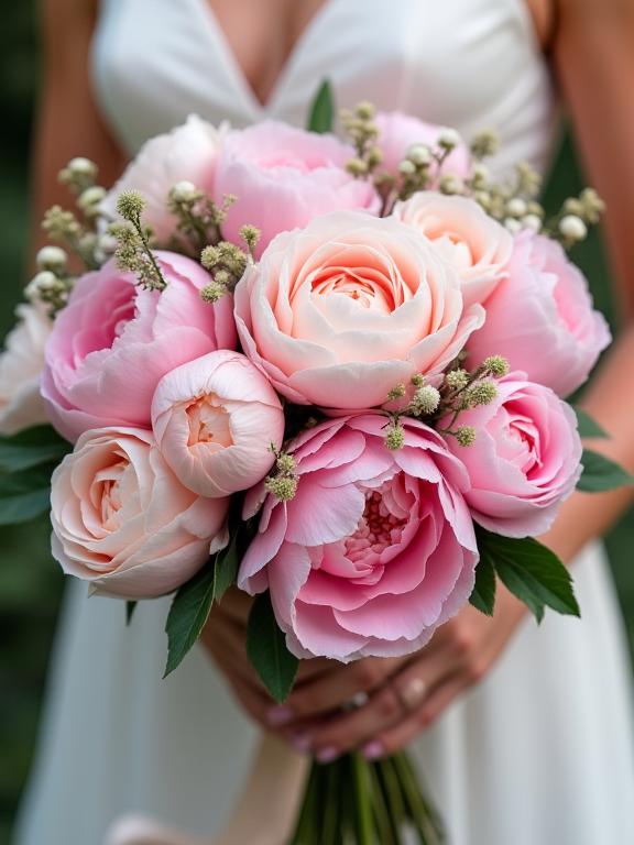 A close-up of a romantic wedding bouquet, showcasing bountiful pink peonies, delicate garden roses, and complementary foliage.