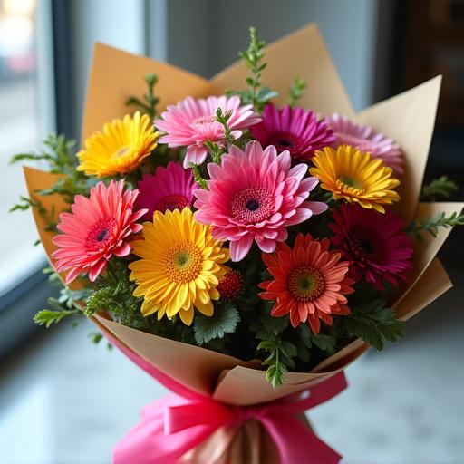 A vibrant and artistic bouquet of freshly arranged flowers, wrapped elegantly and ready for delivery, showcasing a mix of colours and textures.