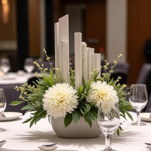 A modern and stylish floral centerpiece on a table at a corporate event, featuring architectural lines and muted tones.