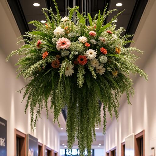 A large, dramatic hanging floral installation in a high-end retail space, blending rich green foliage with seasonal blooms.