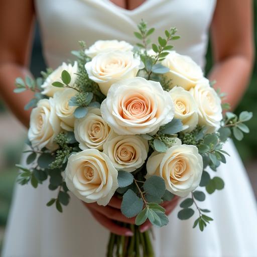 An elegant bridal bouquet featuring soft white roses, delicate eucalyptus, and subtle greenery, ideal for a refined wedding.