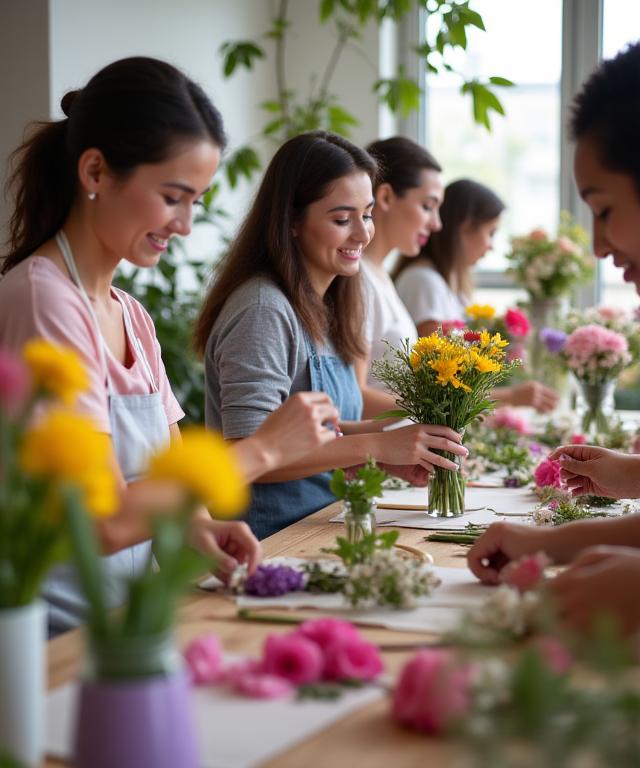 A group of people enjoying a hands-on floral arrangement workshop, laughing and learning together with fresh flowers and tools.
